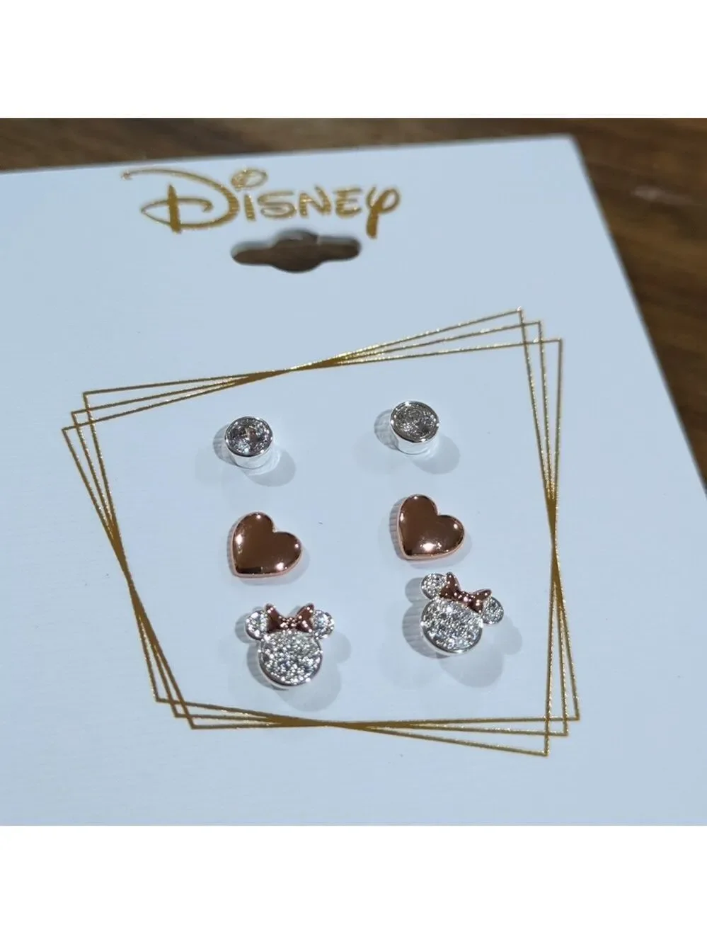 Disney Three Pair Silver Plated Two Tone Rose Gold Heart And Bezel Cubic Zirconi